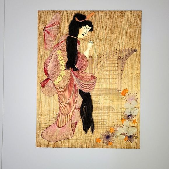 Handmade 1981 Asian Geisha Detailed Ornate String Folk Art on Burlap Canvas - Picture 7 of 10